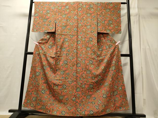 平和屋着物■上質な小紋　手描き　更紗花唐草文　正絹　逸品　未使用　CABI1769oy