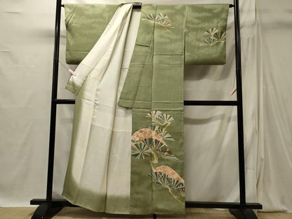 平和屋着物■訪問着　駒刺繍　枝梅松葉文　暈し染め　金彩　正絹　逸品　CABI1857oy