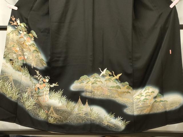 平和屋着物■豪華黒留袖　駒刺繍　萬寿染　風景草花松文　藤花房　暈し染め　金彩　正絹　逸品　CABI1859oy