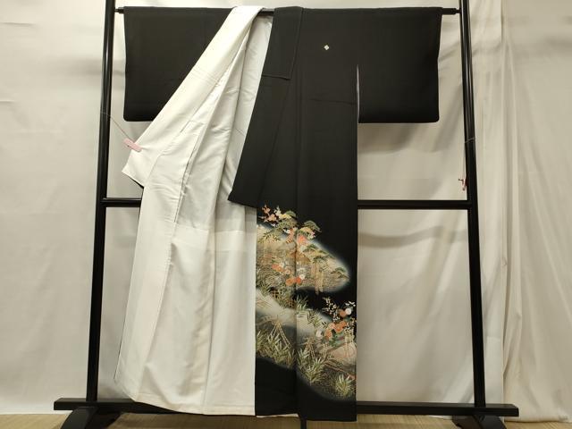 平和屋着物■豪華黒留袖　駒刺繍　萬寿染　風景草花松文　藤花房　暈し染め　金彩　正絹　逸品　CABI1859oy