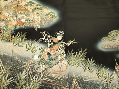 平和屋着物■豪華黒留袖　駒刺繍　萬寿染　風景草花松文　藤花房　暈し染め　金彩　正絹　逸品　CABI1859oy
