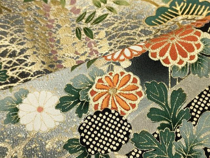 平和屋着物■豪華黒留袖　駒刺繍　萬寿染　風景草花松文　藤花房　暈し染め　金彩　正絹　逸品　CABI1859oy