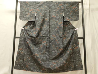 平和屋着物■上質な紬　流水草花文　黒地　正絹　逸品　未使用　CABI1906oy
