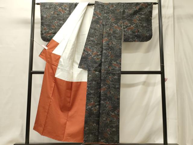 平和屋着物■上質な紬　流水草花文　黒地　正絹　逸品　未使用　CABI1906oy