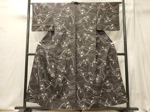 平和屋着物■上質な紬　草花文　黒地　正絹　逸品　CABI1947oy