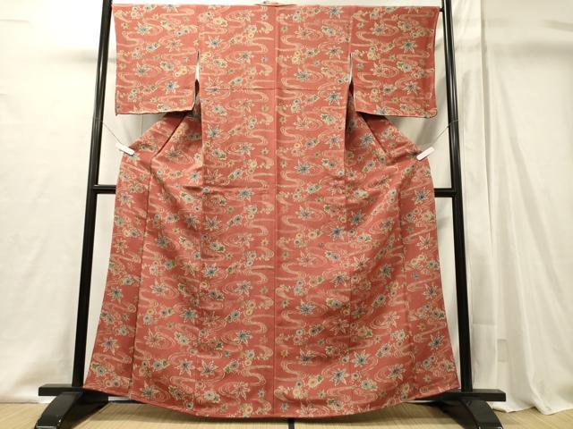 平和屋着物■上質な小紋　流水草花文　鬼しぼ縮緬　正絹　逸品　未使用　CABI1972oy