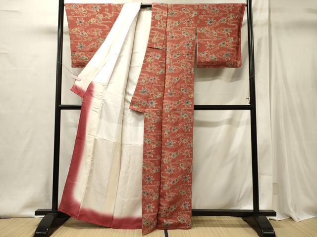 平和屋着物■上質な小紋　流水草花文　鬼しぼ縮緬　正絹　逸品　未使用　CABI1972oy