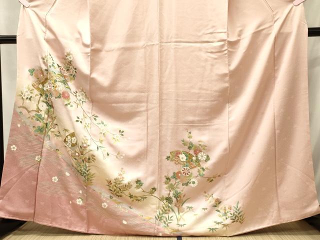 平和屋着物■訪問着　駒刺繍　流水扇面枝花文　暈し染め　金銀彩　正絹　逸品　CABI1981oy