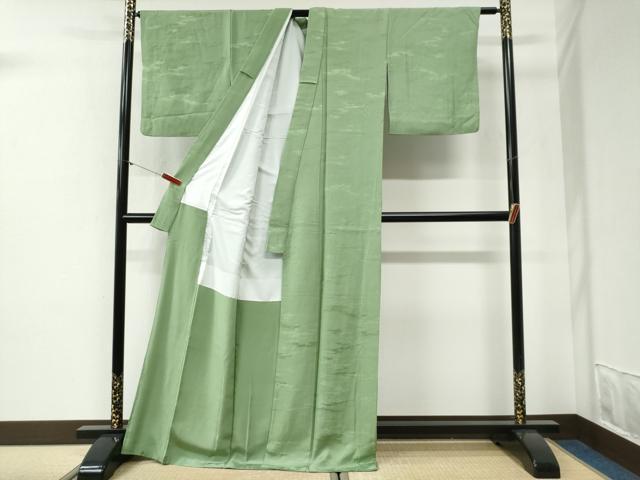 平和屋着物●上質な色無地　霞地紋　松葉色　正絹　逸品　CABI2010yc
