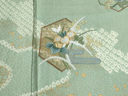 平和屋着物●訪問着　絞り　刺繍　道長吉祥草花文　金彩　正絹　逸品　CABI2019yc