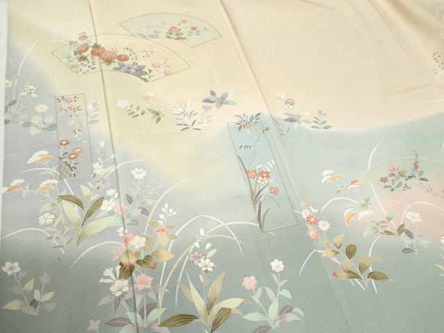 平和屋着物●訪問着　友禅　作家物　地紙短冊草花文　暈し染め　金彩　正絹　逸品　CABI2020yc