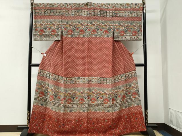 平和屋着物●訪問着　型染め　浜松飛鶴宝尽くし花蝶文　鬼しぼ縮緬　正絹　逸品　CABI2039yc
