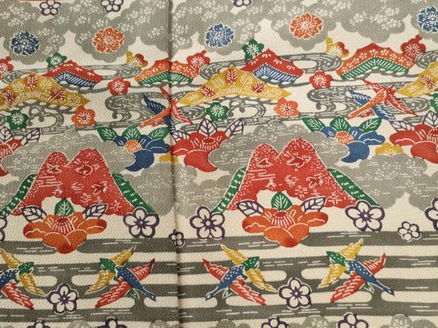 平和屋着物●訪問着　型染め　浜松飛鶴宝尽くし花蝶文　鬼しぼ縮緬　正絹　逸品　CABI2039yc