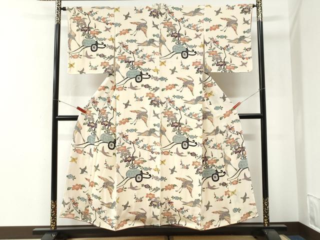 平和屋着物●上質な小紋　飛鶴陶器花車文　正絹　逸品　CABI2041yc