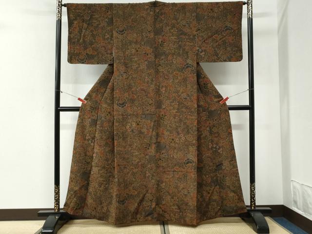 平和屋着物●上質な小紋　更紗草花文　鬼しぼ縮緬　正絹　逸品　CABI2058yc