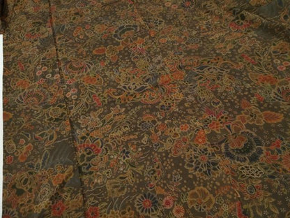 平和屋着物●上質な小紋　更紗草花文　鬼しぼ縮緬　正絹　逸品　CABI2058yc
