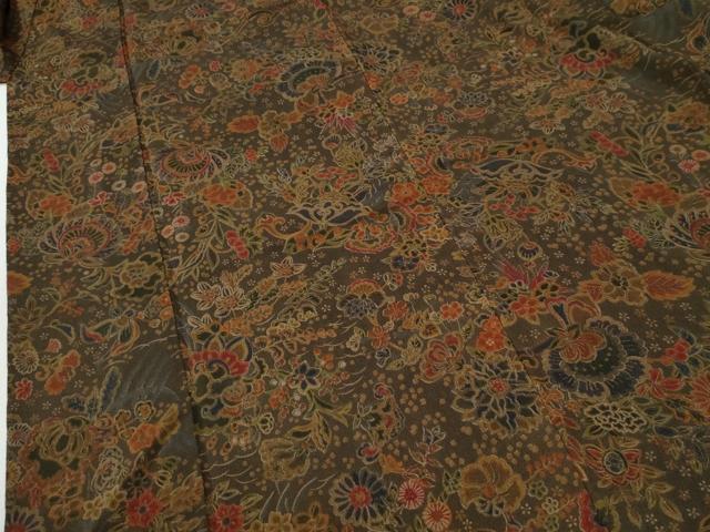 平和屋着物●上質な小紋　更紗草花文　鬼しぼ縮緬　正絹　逸品　CABI2058yc
