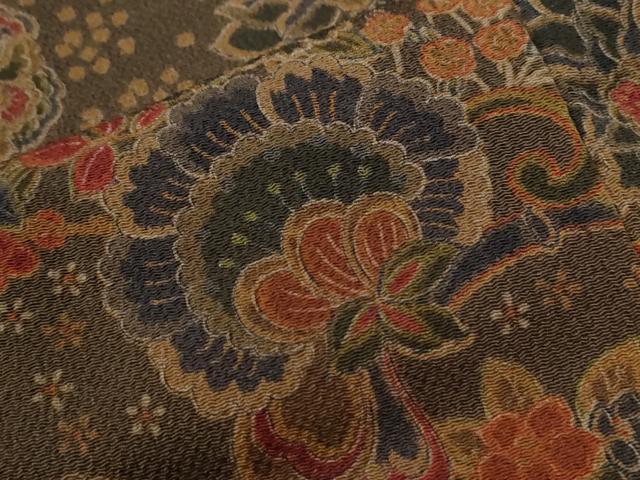 平和屋着物●上質な小紋　更紗草花文　鬼しぼ縮緬　正絹　逸品　CABI2058yc
