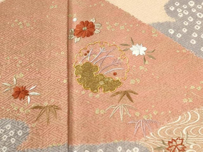 平和屋着物●訪問着　駒刺繍　絞り　遠山霞流水舞花文　金彩　正絹　逸品　CABI2062yc