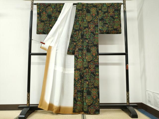 平和屋着物●上質な小紋　花唐草文　黒地　正絹　逸品　CABI2068yc