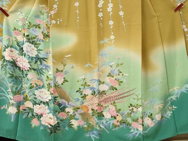 平和屋着物●十日町友禅作家　岡村蒼風　振袖・長襦袢セット　尾長鳥牡丹花文　暈し染め　半衿刺繍　正絹　逸品　CABI2072yc
