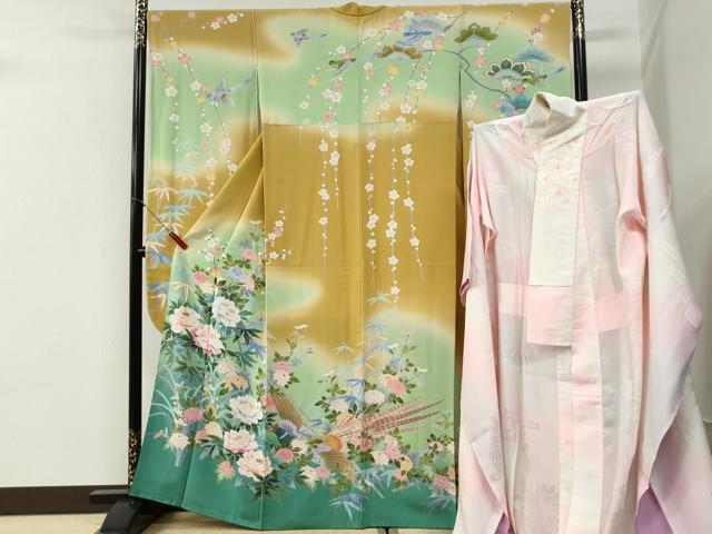 平和屋着物●十日町友禅作家　岡村蒼風　振袖・長襦袢セット　尾長鳥牡丹花文　暈し染め　半衿刺繍　正絹　逸品　CABI2072yc