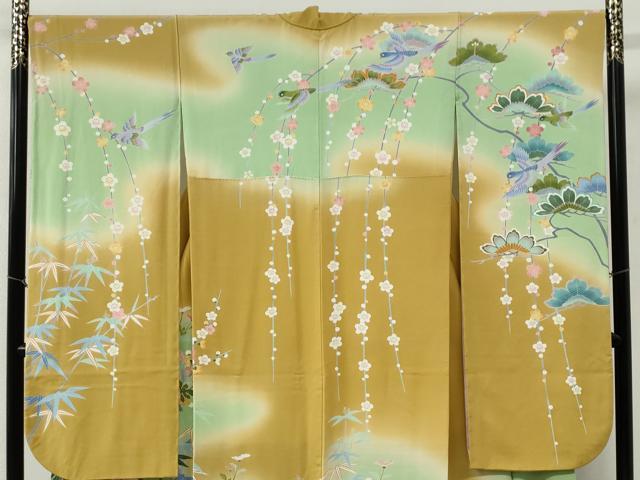 平和屋着物●十日町友禅作家　岡村蒼風　振袖・長襦袢セット　尾長鳥牡丹花文　暈し染め　半衿刺繍　正絹　逸品　CABI2072yc