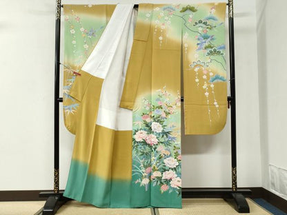 平和屋着物●十日町友禅作家　岡村蒼風　振袖・長襦袢セット　尾長鳥牡丹花文　暈し染め　半衿刺繍　正絹　逸品　CABI2072yc