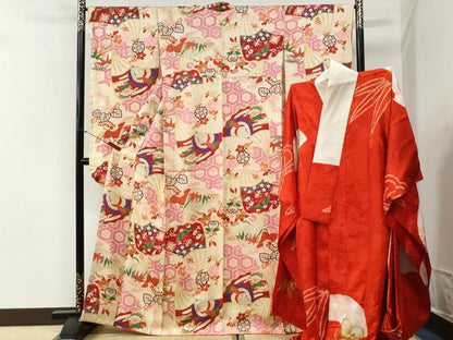 平和屋本店●アンティーク　大正ロマン　振袖・長襦袢セット　飛鶴宝尽くし吉祥文　金彩　正絹　逸品　CABI2074yc
