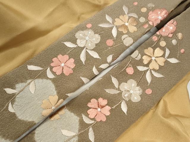 平和屋着物●長襦袢　袷　色無地　飴色　半衿刺繍　正絹　逸品　CABI2084yc