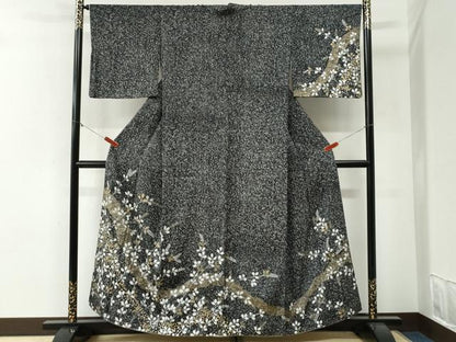 平和屋着物●訪問着　流水草花文　たたき染め　黒地　金彩　正絹　逸品　CABI2087yc