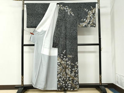 平和屋着物●訪問着　流水草花文　たたき染め　黒地　金彩　正絹　逸品　CABI2087yc