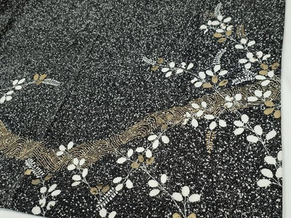 平和屋着物●訪問着　流水草花文　たたき染め　黒地　金彩　正絹　逸品　CABI2087yc