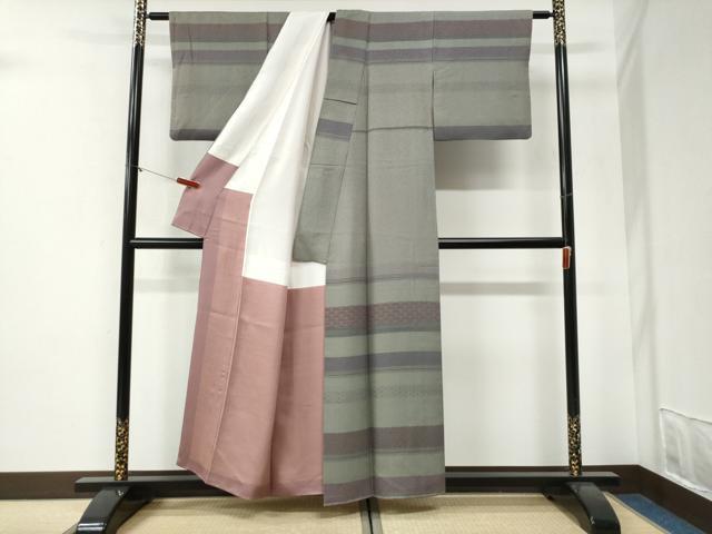 平和屋着物●人間国宝　初代六谷梅軒の息子　二代目　六谷梅軒(六谷博臣)江戸小紋　訪問着　横段吉祥花文　正絹　逸品　CABI2091yc