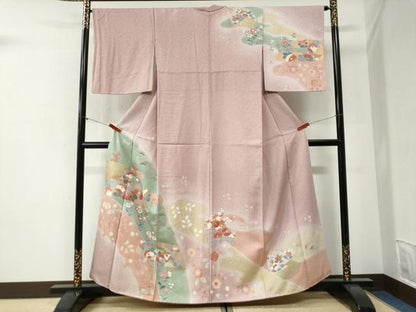 平和屋着物●訪問着　刺繍　エ霞草花文　暈し染め　金彩　正絹　逸品　CABI2092yc