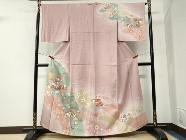 平和屋着物●訪問着　刺繍　エ霞草花文　暈し染め　金彩　正絹　逸品　CABI2092yc