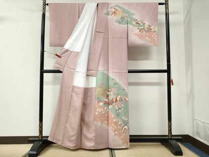 平和屋着物●訪問着　刺繍　エ霞草花文　暈し染め　金彩　正絹　逸品　CABI2092yc