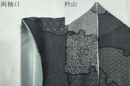 平和屋着物●染色作家　斉藤三才　小紋　雪輪吉祥文　黒地　正絹　逸品　CABI2096yc