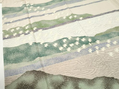 平和屋着物●訪問着　作家物　遠山飛鳥文　鬼しぼ縮緬　正絹　逸品　CABI2101yc