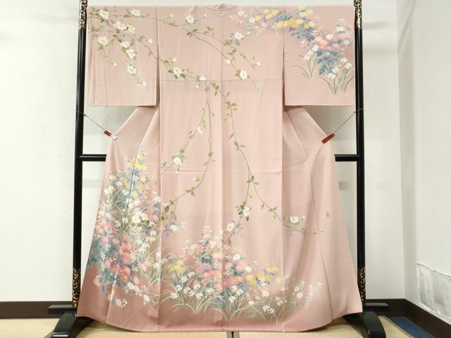 平和屋着物●十日町友禅作家　岡村蒼風　訪問着　鷺草　草花文　暈し染め　正絹　逸品　CABI2102yc