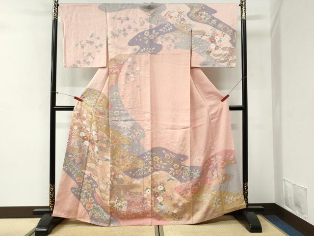 平和屋着物●訪問着　作家物　駒刺繍　絞り　エ霞吉祥草花文　金彩　正絹　逸品　CABI2103yc