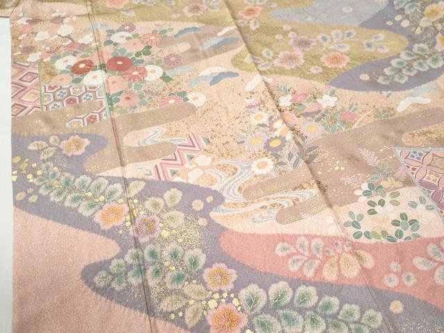 平和屋着物●訪問着　作家物　駒刺繍　絞り　エ霞吉祥草花文　金彩　正絹　逸品　CABI2103yc