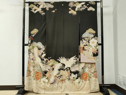 平和屋本店●アンティーク　大正ロマン　振袖　刺繍　立波飛鶴松竹梅牡丹花文　黒地　金糸　正絹　逸品　CABI2121yc