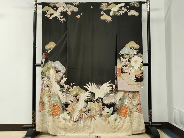 平和屋本店●アンティーク　大正ロマン　振袖　刺繍　立波飛鶴松竹梅牡丹花文　黒地　金糸　正絹　逸品　CABI2121yc