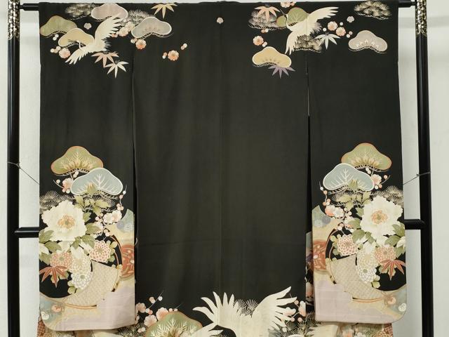 平和屋本店●アンティーク　大正ロマン　振袖　刺繍　立波飛鶴松竹梅牡丹花文　黒地　金糸　正絹　逸品　CABI2121yc
