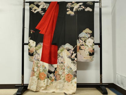平和屋本店●アンティーク　大正ロマン　振袖　刺繍　立波飛鶴松竹梅牡丹花文　黒地　金糸　正絹　逸品　CABI2121yc