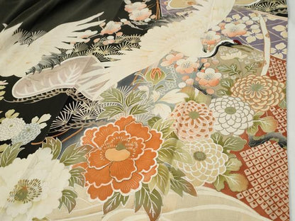 平和屋本店●アンティーク　大正ロマン　振袖　刺繍　立波飛鶴松竹梅牡丹花文　黒地　金糸　正絹　逸品　CABI2121yc