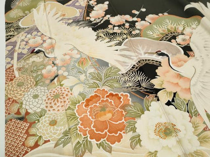 平和屋本店●アンティーク　大正ロマン　振袖　刺繍　立波飛鶴松竹梅牡丹花文　黒地　金糸　正絹　逸品　CABI2121yc