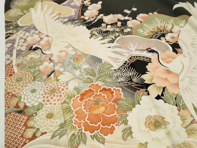 平和屋本店●アンティーク　大正ロマン　振袖　刺繍　立波飛鶴松竹梅牡丹花文　黒地　金糸　正絹　逸品　CABI2121yc
