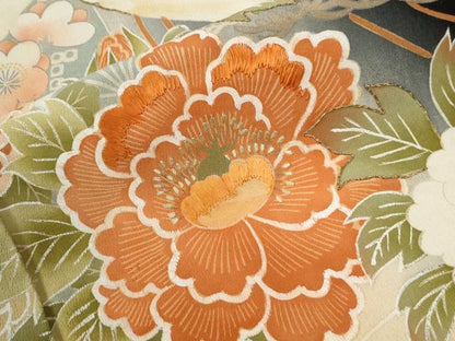平和屋本店●アンティーク　大正ロマン　振袖　刺繍　立波飛鶴松竹梅牡丹花文　黒地　金糸　正絹　逸品　CABI2121yc